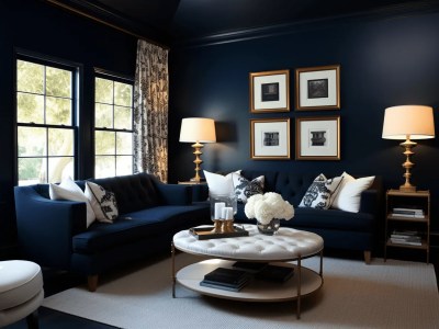 Living Room With Dark Blue Walls And Silver Accents