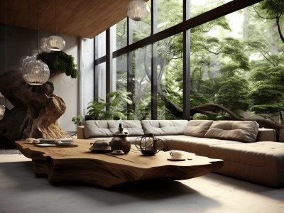 Living Room With Large Windows With Lots Of Trees