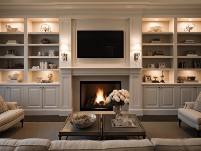 Living Room With Many Shelves And Fireplace