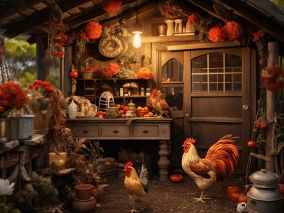 Living Room With Rooster And Chickens Inside A Shed