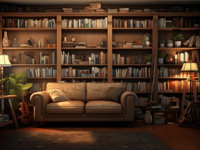 Living Space With A Couch In Front Of A Large Wooden Bookcase