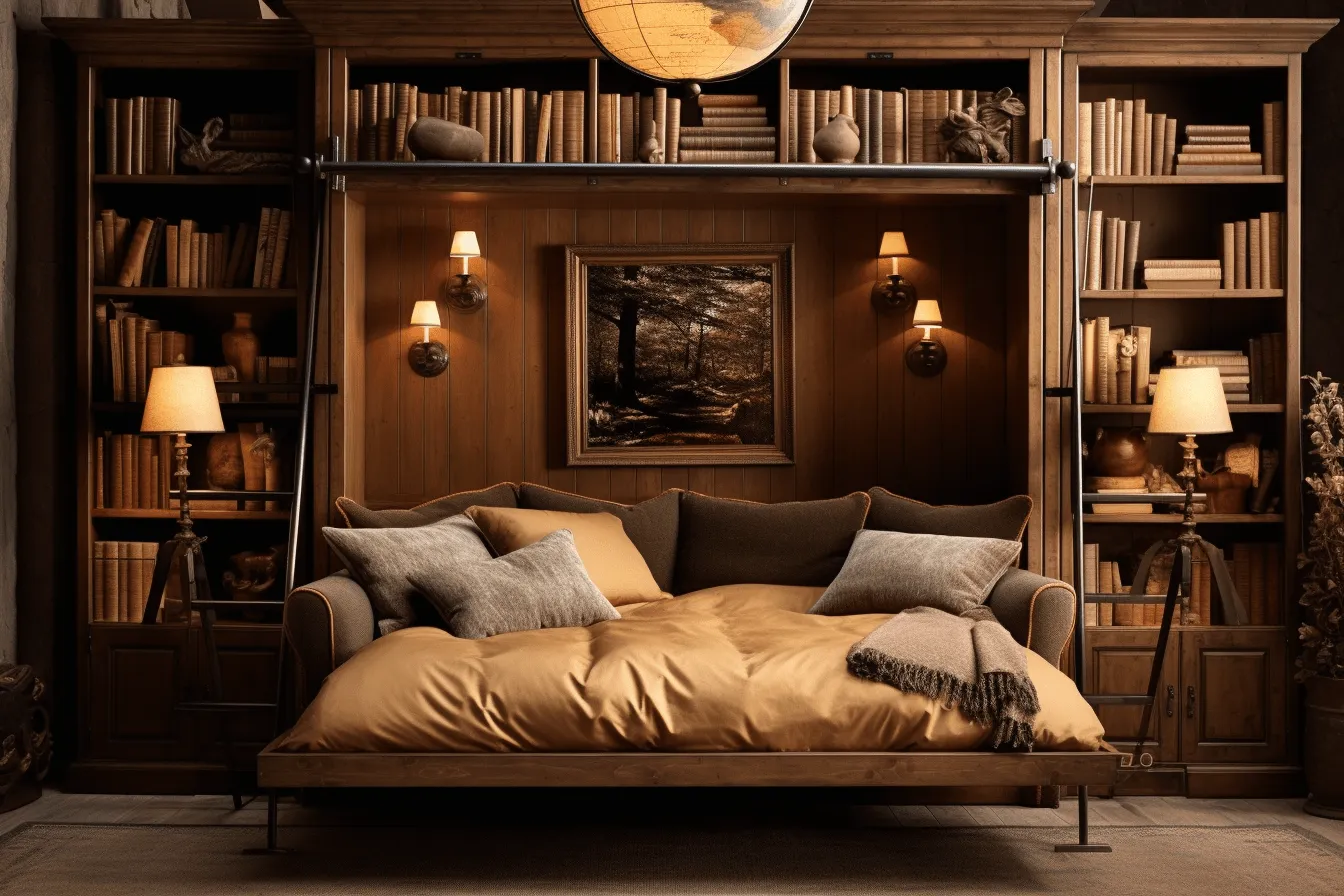 Bed with books underneath it, steampunk-inspired designs, warm tonal range, photorealistic renderings, earthy colors, narrative paneling, light brown and dark amber, timeless nostalgia