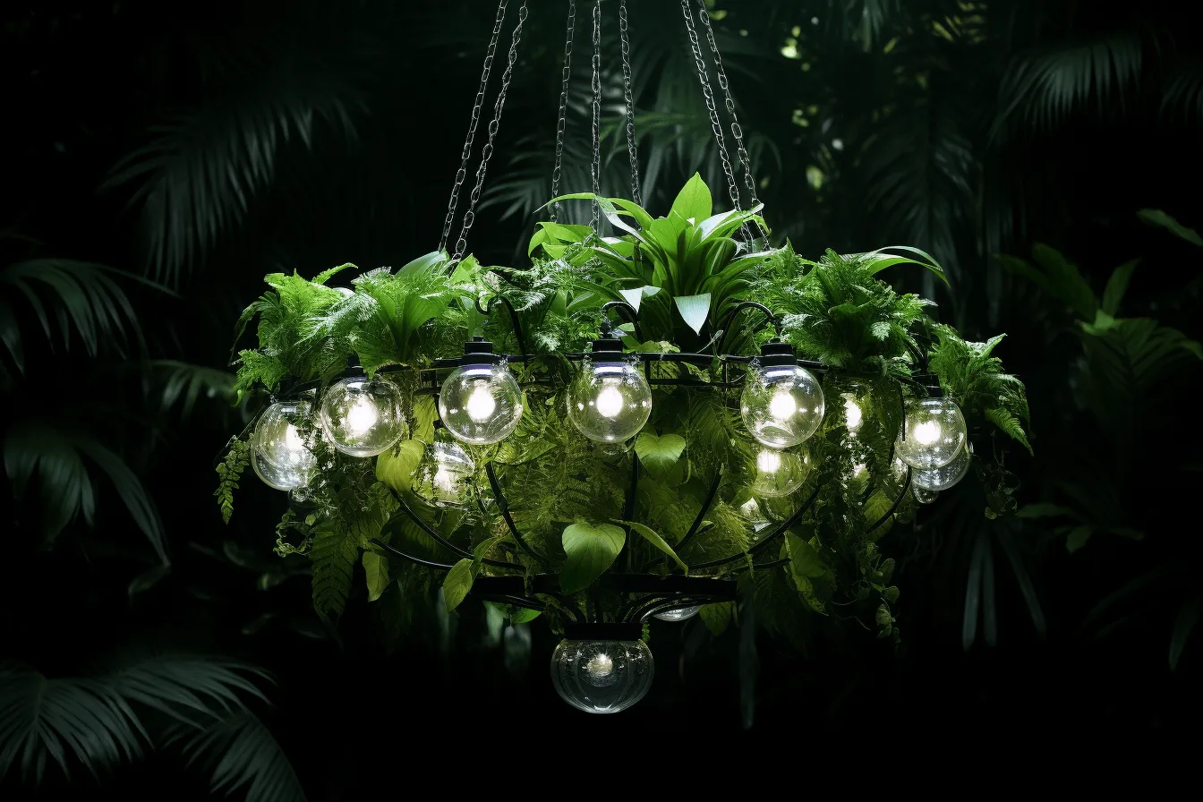 Glass art ii chandelier with green lights, highly detailed foliage, daz3d, outdoor scenes, rendered in unreal engine, thought-provoking, industrial, enigmatic tropics