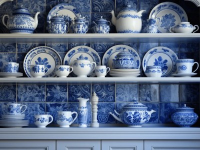 Lot Of Blue And White Pottery On A Shelf