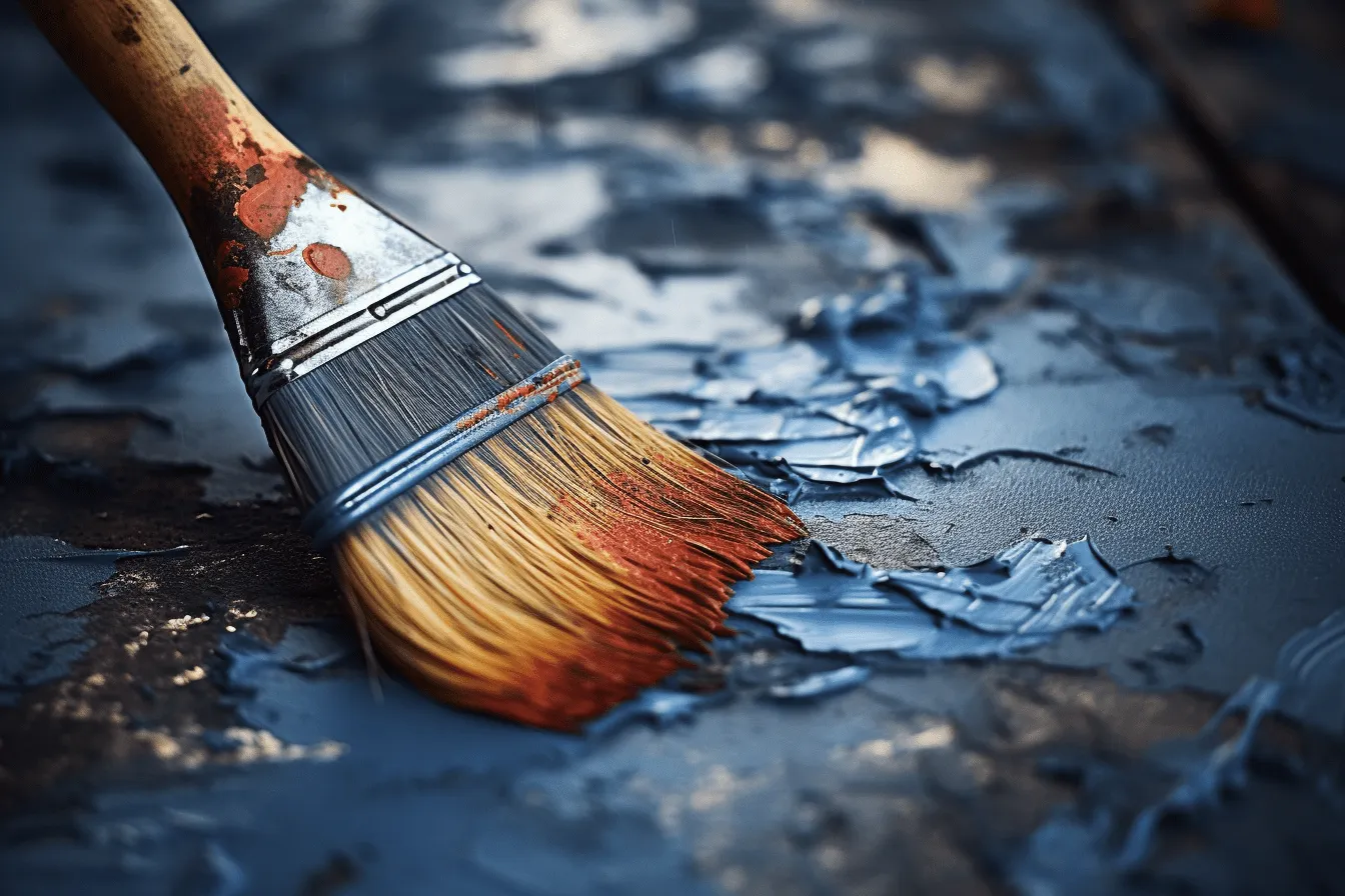 Paint brush is soaking in paint, rusty debris, dark gray and sky-blue, saturated color scheme, realistic detailing, iconic, flowing brushwork, creative commons attribution