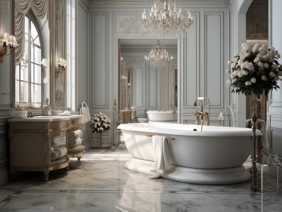 Luxurious Bathroom With A Chandelier In It