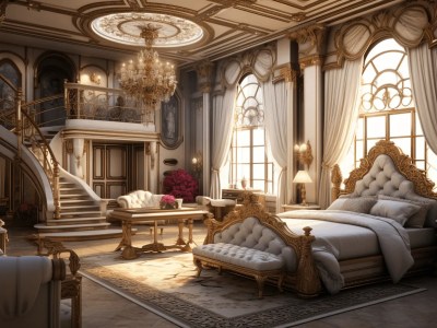 Luxurious Bedroom With A Chandelier And Many Gold Decors