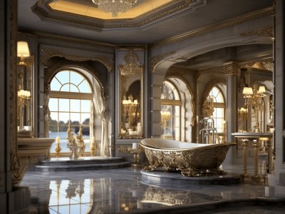 Luxury Bathroom Has An Ornate Marble Bathtub, A Sink And Large Mirror