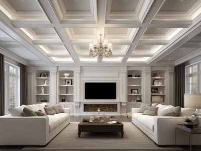 Luxury Living Room With A Ceiling And White Couches