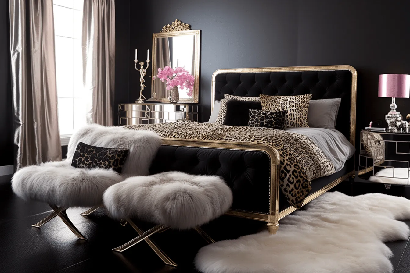 This black and gold bedroom has an intricately tufted upholstered bed, classic hollywood glamour, animalier, uhd image, soft mist, chrome-plated, high quality photo, mirrored