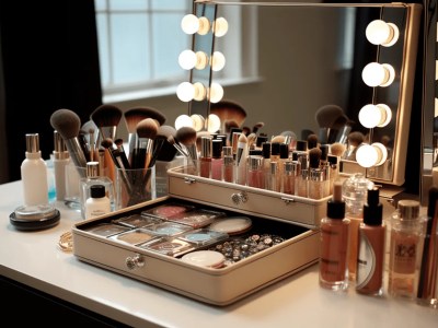 Makeup Desk With A Set Of Products With Lights Near It