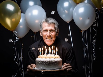 Man In A Black Shirt Is Holding Cake With Candles