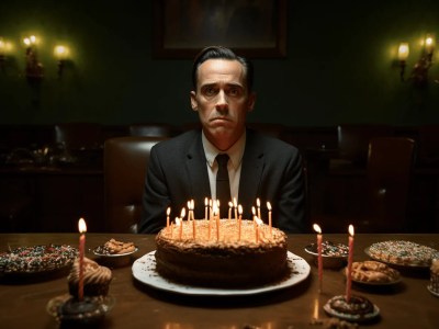 Man In A Suit Sitting In Front Of A Birthday Cake With Candles