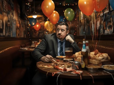 Man Is Sitting At A Table Surrounded By Food