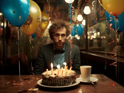 Man Is Sitting Next To A Cake And A Cup