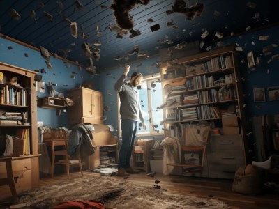 Man Jumping In A Room Where Debris Is Flying Around