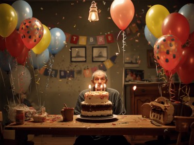 Man Sits In Front A Table With A Cake And Many Balloons Whirling