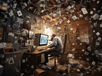 Man Sitting At His Computer With Many Paper Dropping