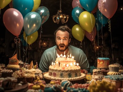 Man Standing In Front Of A Birthday Cake And Numerous Balloons