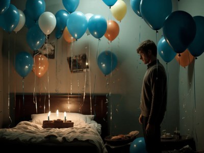 Man Standing Next To Bedroom Lit Up With Balloons