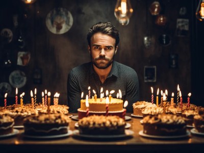 Man With Birthday Cake In Picture Sitting In Front Of Candles