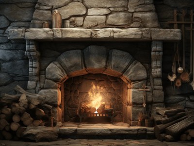 Mantel Fireplace With Logs And Fire Burning On Fire