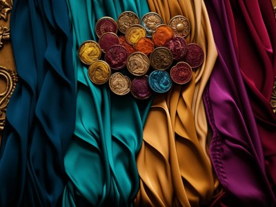 Many Colors Of Silk Fabric With Gold Colored Ornaments