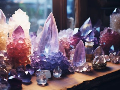 Many Crystals On A Wooden Window Sill