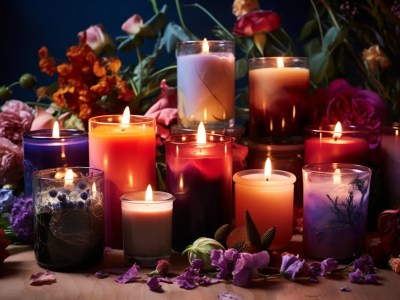 Many Lit Colors Candles With Flowers And Flowers Around Them