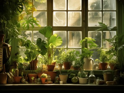 Many Pots Of Plants Are In Front Of The Window