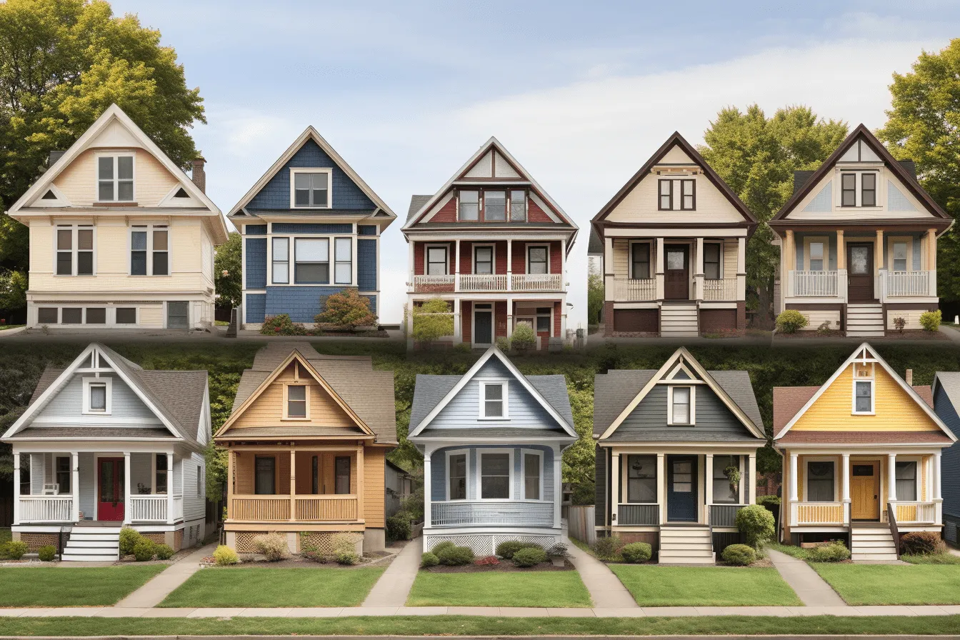 Row of houses in a row  the most common are cottages, historical reimagining, realistic color schemes, high-angle, neo-victorian, multilayered, prairiecore, provia film