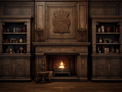 Medieval Mantel House In A Manor, Antique Wooden Furniture, Fireplace