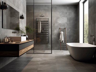 Modern Bathroom With Dark Gray Wall Tiles And Wooden Cabinets