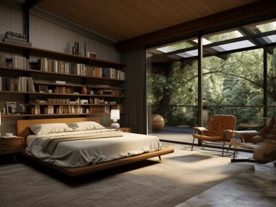 Modern Bedroom With A Bookcase Next To A Window