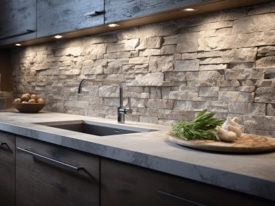 Modern Kitchen With Stone Tile On The Walls