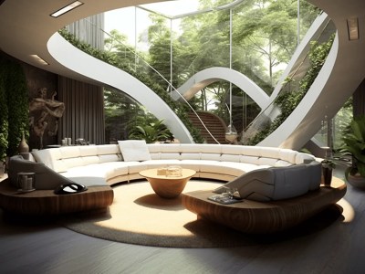 Modern Living Room With Circular Couches And Other Furniture Surrounding A Waterfall