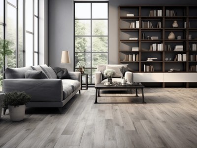 Modern Living Room With Grey And Wood Flooring And A Wall Of Books