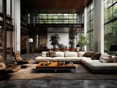 Modern Living Room With Large Windows And Large Brown Furniture