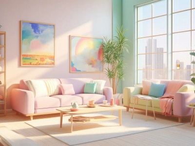 Modern Living Room With Soft Pastel Colored Furniture And A Window With A White City View