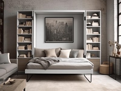 Modern Minimalist Bedroom On A Dark Colored Floor With Book Shelves