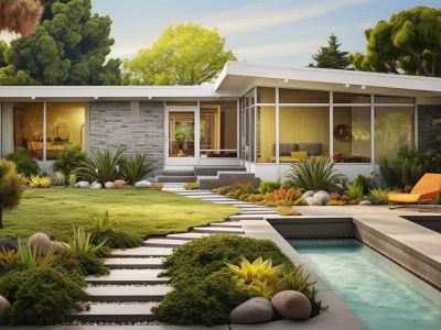 Modern Residential Yard With A Pool And Lawn