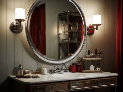 Modern Round Bathroom Vanity Illuminated By A Red Fixture