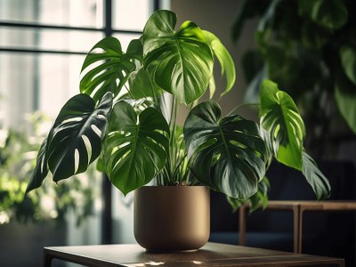 Monstera Plant In A Gold Pot On Top Of A Table