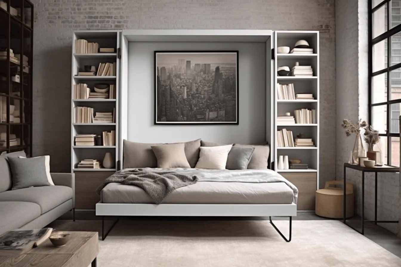 Modern minimalist bedroom on a dark colored floor with book shelves, dark silver and beige, steel/iron frame construction, italian landscapes, modular, modern urban, industrial chic, dark white and light emerald