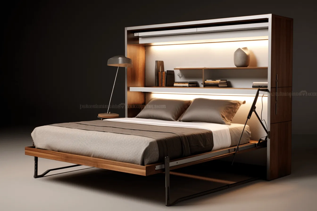 Bed with drawers hidden within a wooden frame, realistic lighting, physically based rendering, metallic finishes, modern urban, silhouette lighting, modular construction, traditional-modern fusion