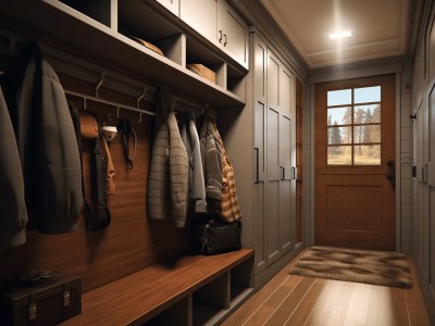 Mud Room Styled With A Wooden Shelf, Coat Racks, And A Drawer