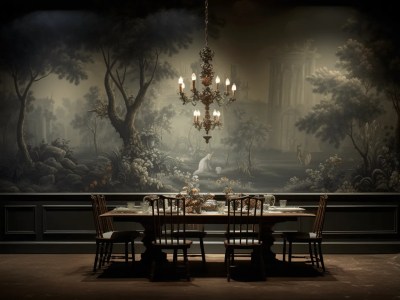 Mural With Dark, Moody Surroundings In A Dining Room