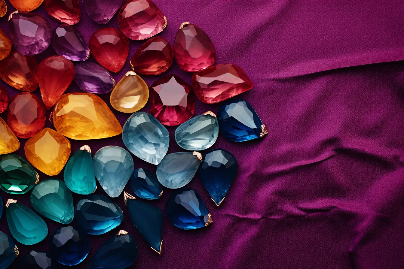 Group of colorful gemstones are laying on purple fabric, jazzy, fashionable flair, vibrant exaggeration, light maroon and azure, dark pink and yellow, shiny/glossy, extravagant, stylish