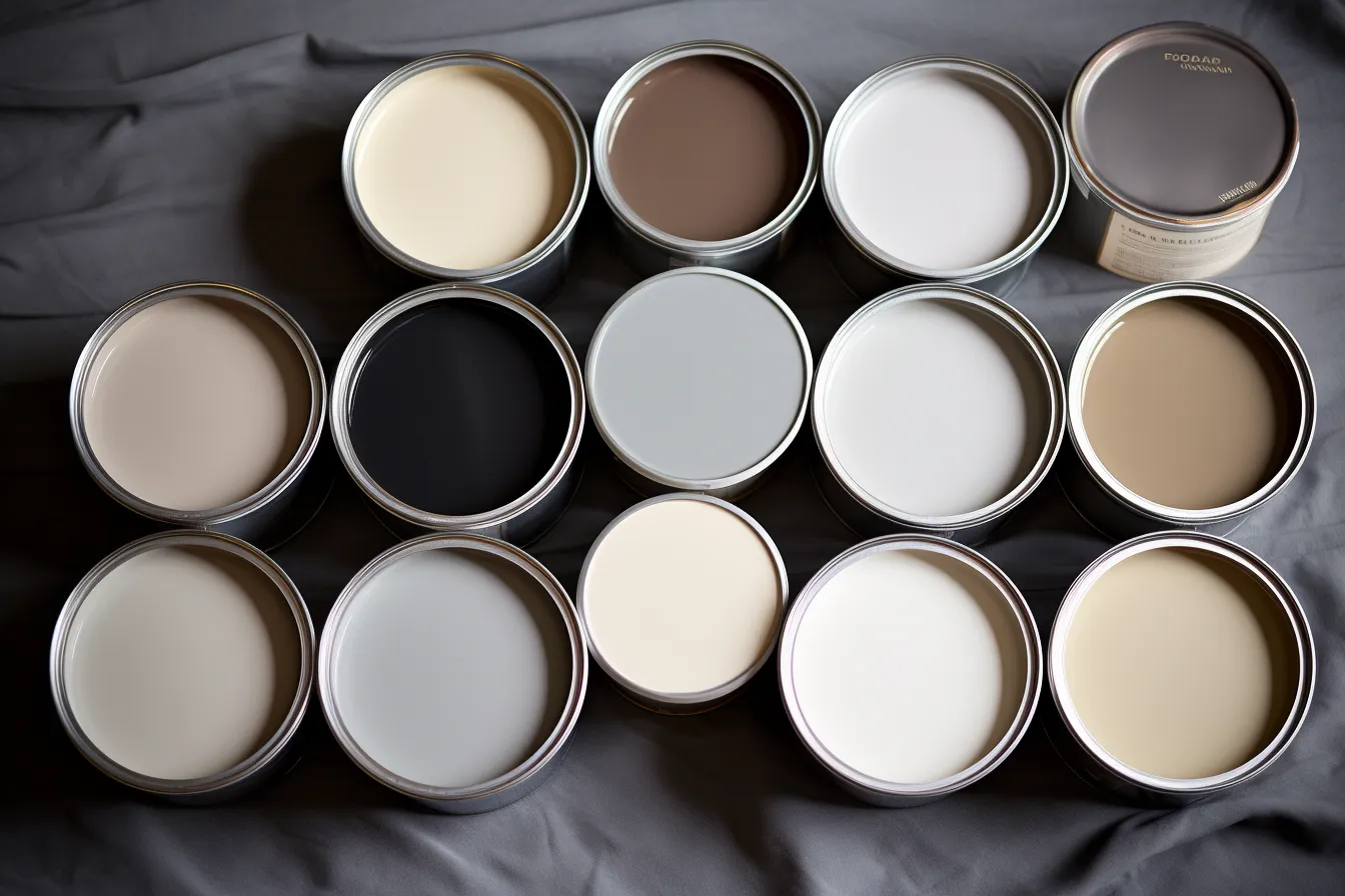 Some large cans of paint on a bed, dark gray and light beige, diverse color palette, monochrome toning, 20th century scandinavian style, rim light, colorful palette, contemporary diy