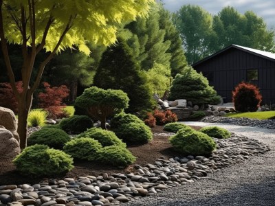 Nice Stone Garden With Shrubs And Trees On A Hillside